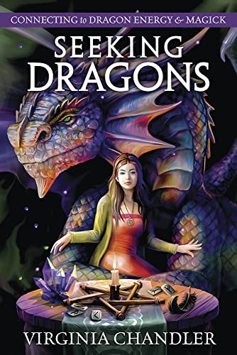 Book cover featuring a dragon and a woman with crystals and candles.
