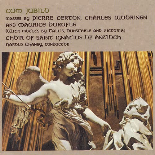 CD cover: Angels sculpted in stone with organ pipes background.