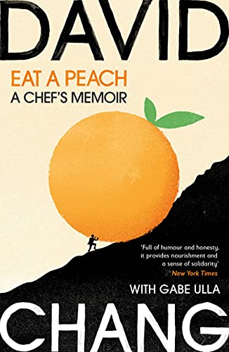 Book cover: "Eat A Peach" by David Chang, featuring a large peach illustration.