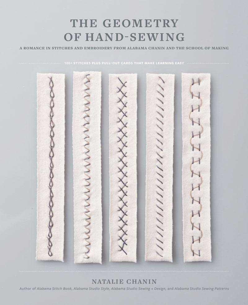 Book cover showing five fabric strips with different hand-sewn embroidery stitches against gray background.