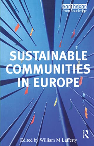 Book cover: “Sustainable Communities in Europe” with flags and blue background.