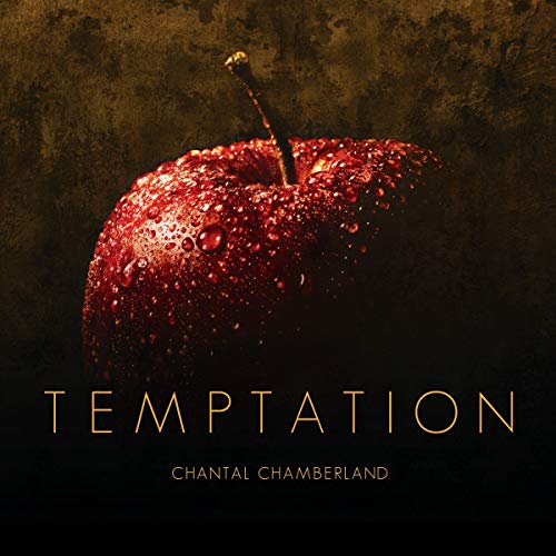 Red apple with a stem on a dark, textured background; "Temptation" text.