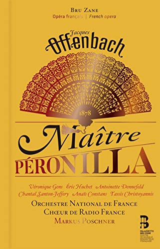 The image is a yellow CD cover for "Maître Péronilla" by Jacques Offenbach. For accessibility purposes, a suitable alt text could be: "Yellow CD cover with fan design and black and red text."