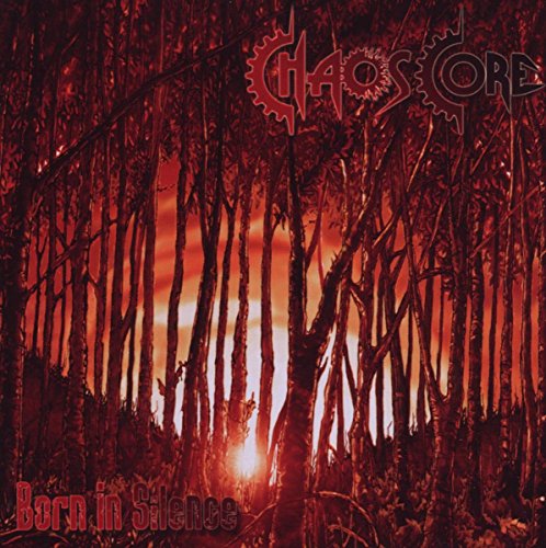 Red album cover with band logo and a dark forest scene.