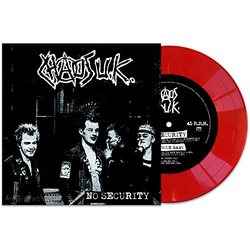 Chaos UK "No Security" vinyl record with red disc and punk imagery.