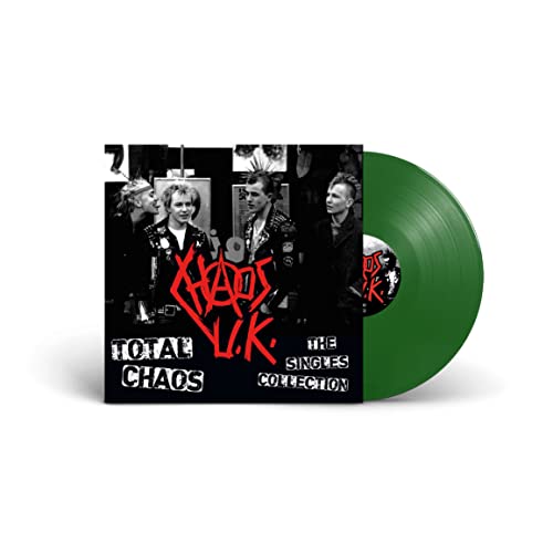 Chaos UK “Total Chaos” vinyl record with green disc and punk imagery.
