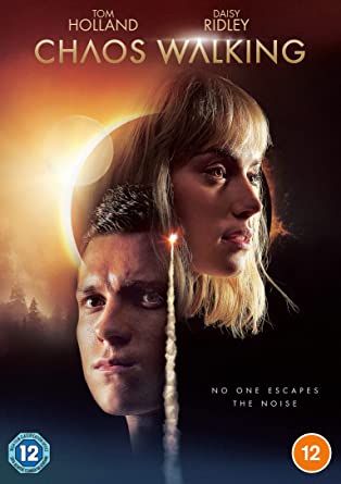 "DVD cover for 'Chaos Walking' featuring Tom Holland and Daisy Ridley in a split profile."