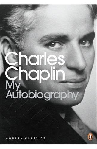 "Book cover featuring black-and-white portrait of Charlie Chaplin with title 'My Autobiography'."