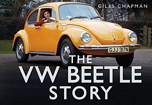 Orange VW Beetle car with a driver, book cover titled "The VW Beetle Story".