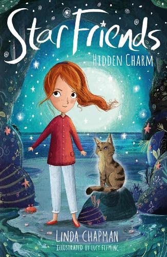 Book cover: girl with cat on a rocky shore, starry background.