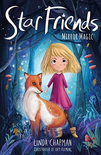A blonde girl in a purple dress stands with a fox in a forest.