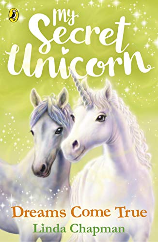Book cover featuring two white unicorns against a green, sparkly background.