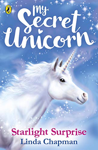Book cover featuring a white unicorn against a sparkling blue background.