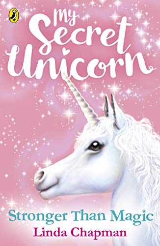Book cover featuring a white unicorn’s head against a pink, sparkly background.