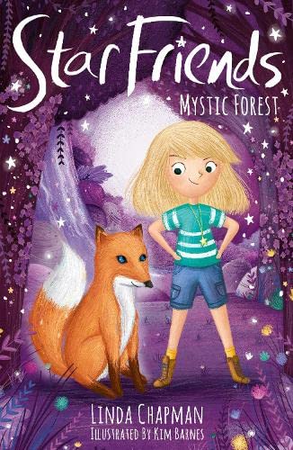 A blonde girl and a fox stand in a magical, purple-toned forest at night.