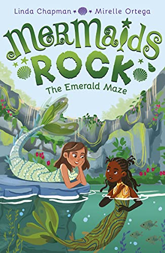 Book cover: two young mermaids in a lush, underwater cave scene.