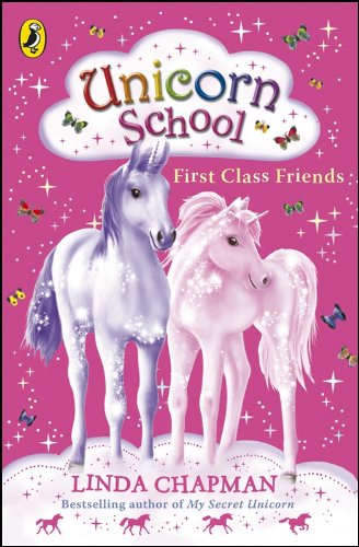 Book cover featuring two unicorns, one pink and one silver, on a pink background.