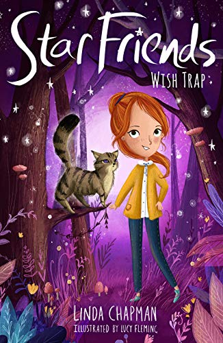 Book cover: girl with tabby cat in a purple, starry forest.