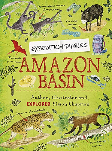 Book cover depicting Amazon rainforest animals and expedition equipment.