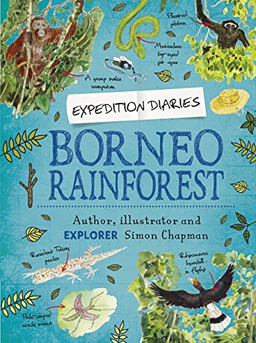 Book cover titled Borneo Rainforest featuring illustrations of animals, plants, and expedition gear.