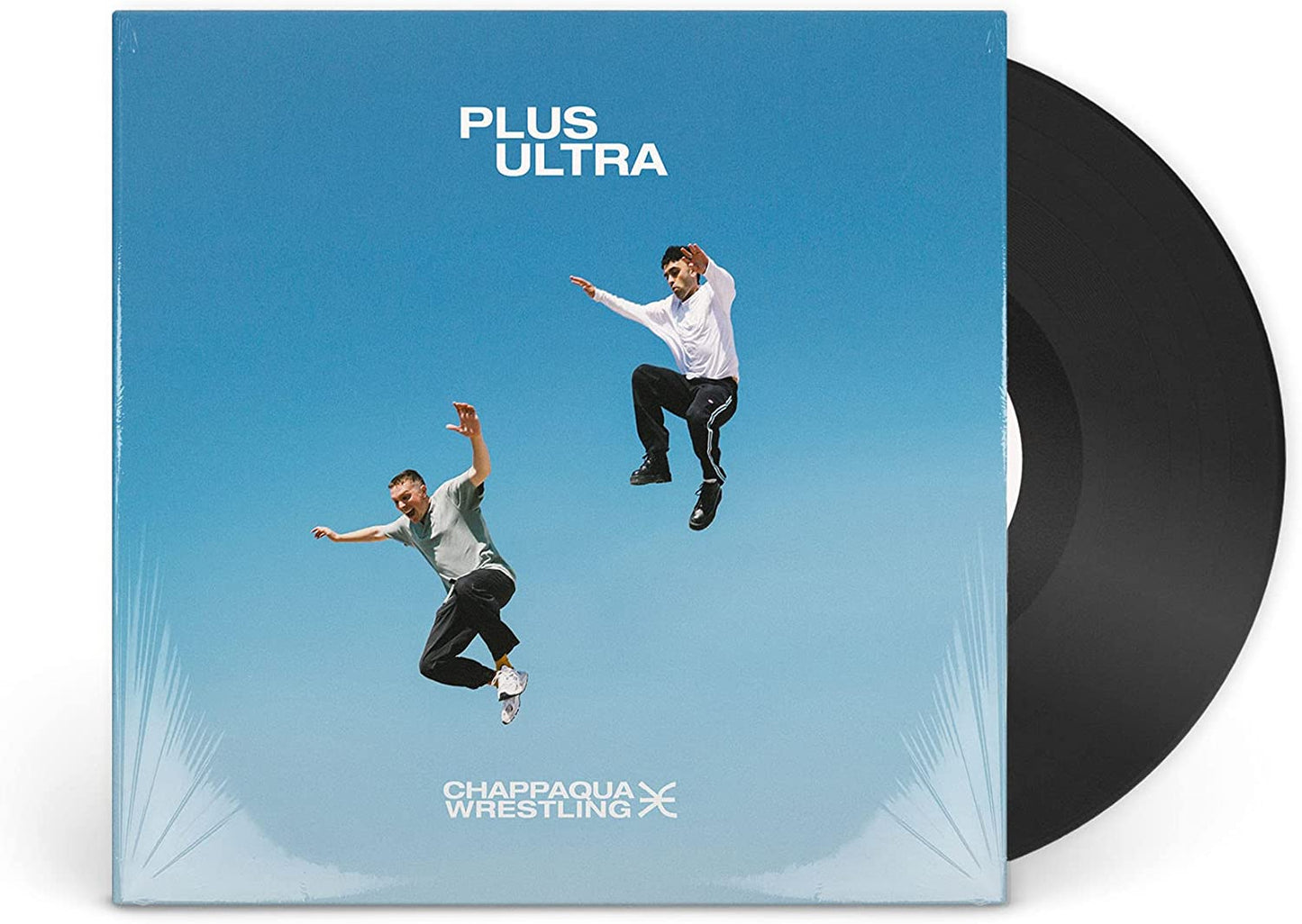 "Vinyl record sleeve with two men jumping against a blue background."