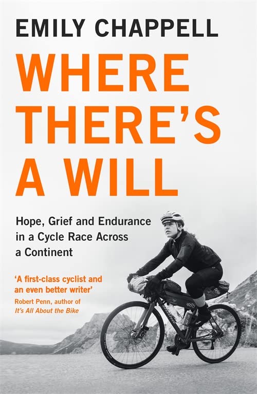 Book cover: cyclist on a road with mountainous background.