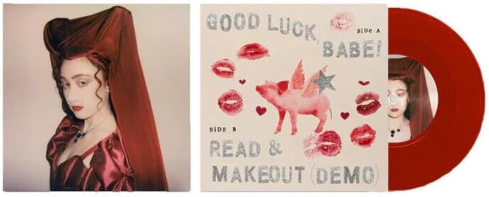 Chappell Roan Good Luck Babe vinyl record with red disc and illustrated sleeve.