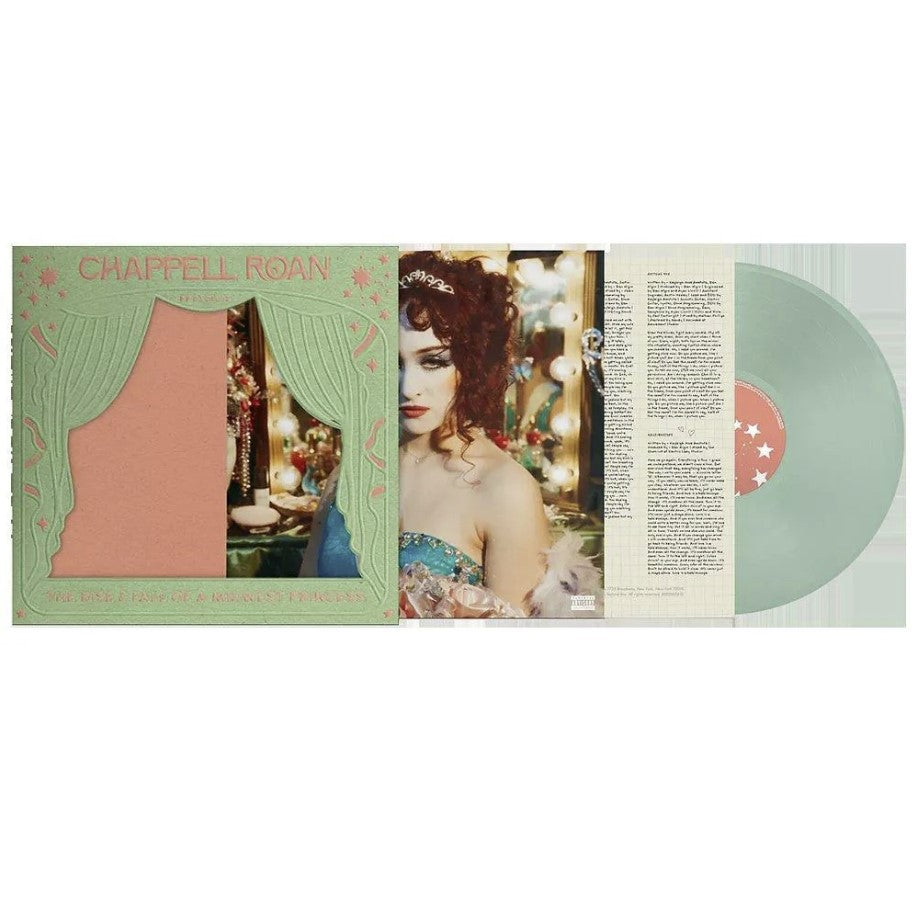 Chappell Roan album cover featuring a person in a tiara and sash beside light-green vinyl.