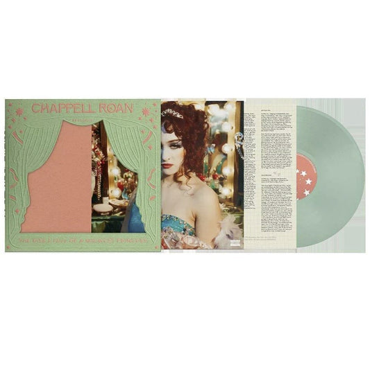 Chappell Roan album cover featuring a person in a tiara and sash beside light-green vinyl.