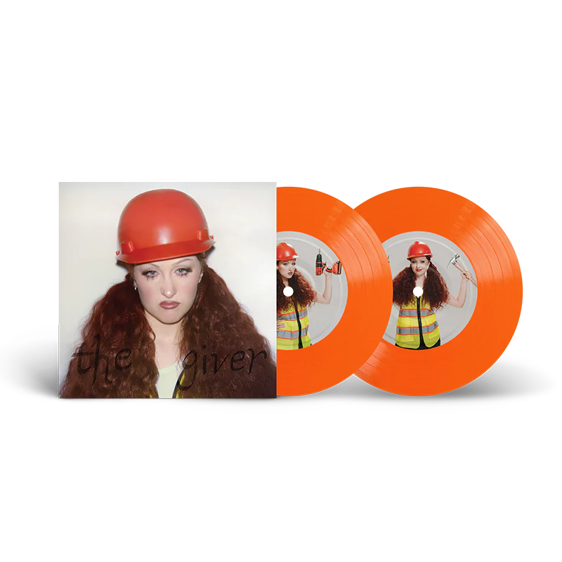 Chappell Roan’s “The Giver” neon orange 7” vinyl record and cover art.