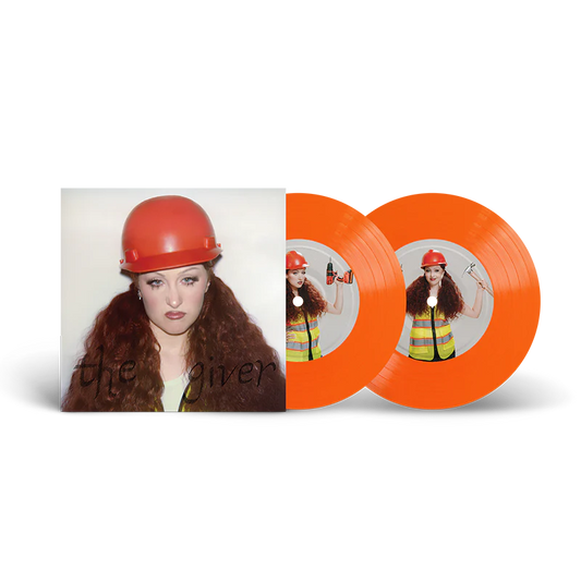 Chappell Roan’s “The Giver” neon orange 7” vinyl record and cover art.