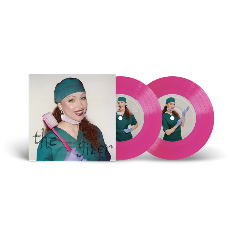 Chappell Roan's "The Giver" neon pink 7" vinyl record and cover art.