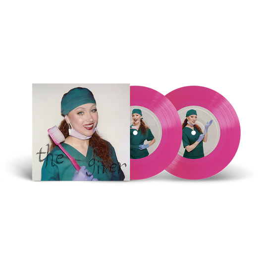 Chappell Roan's "The Giver" neon pink 7" vinyl record and cover art.