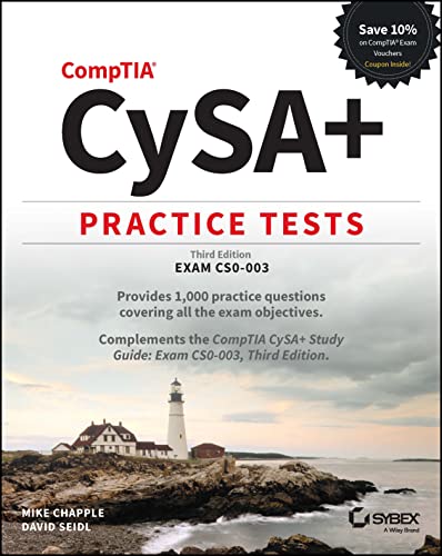 CompTIA CySA+ practice test book cover with coastal lighthouse image.