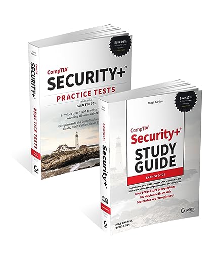 Two CompTIA Security+ study books with lighthouse imagery, white spines.