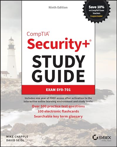 CompTIA Security+ SY0-701 study guide book cover featuring a lighthouse on a rocky coast.