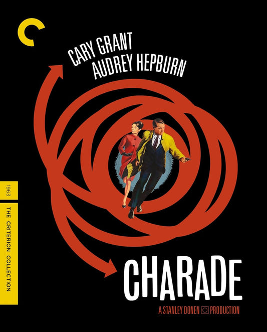 Charade Blu-ray cover featuring Cary Grant and Audrey Hepburn in motion.