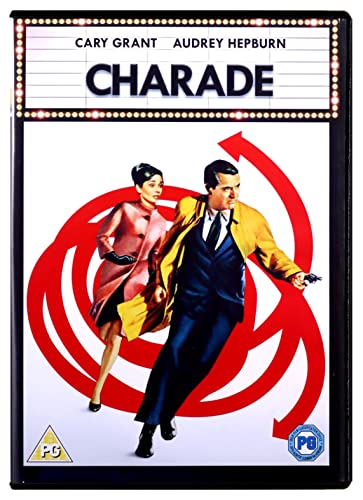 DVD cover for Charade featuring Cary Grant and Audrey Hepburn against a red spiral.