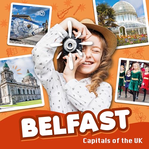 Girl with camera, Belfast landmarks in photo collage, book cover.