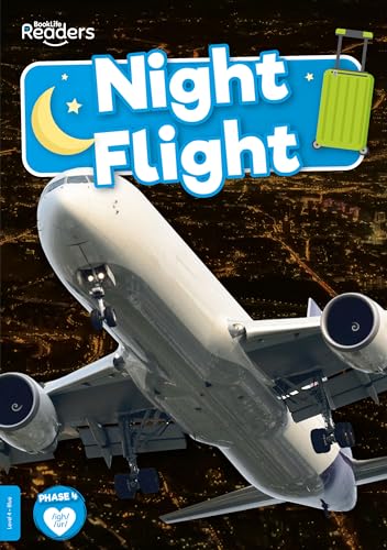 Book cover: airplane, suitcase, crescent moon, and bold "Night Flight" title.