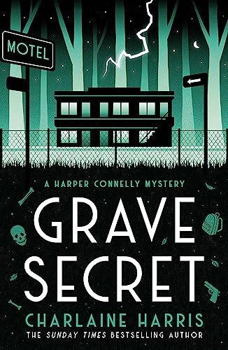 Book cover for Grave Secret by Charlaine Harris featuring a motel, lightning, and skull icons.
