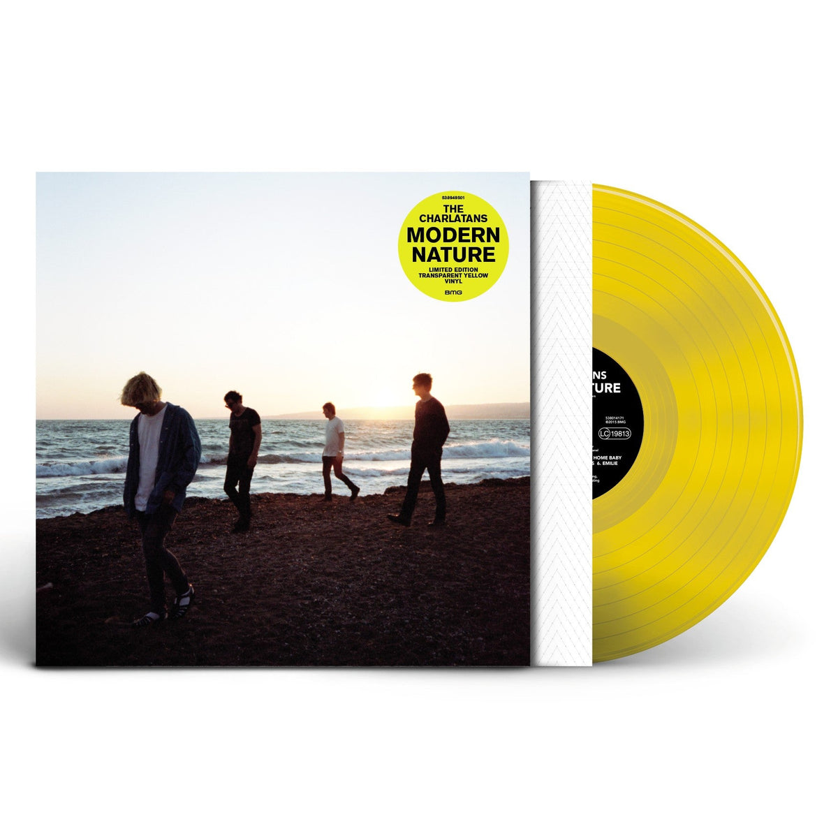 Yellow vinyl record of The Charlatans’ “Modern Nature” with beach cover art.