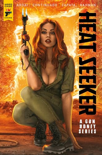Woman with red hair holding a weapon, book cover illustration.