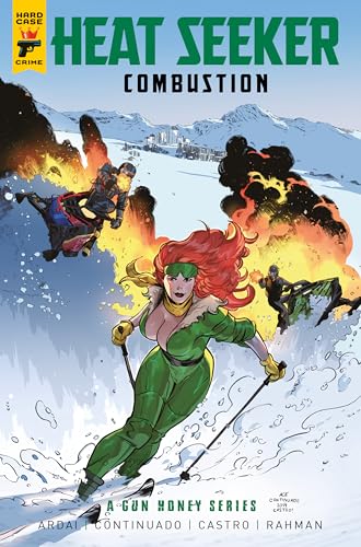 Comic book cover: red-haired skier pursued by figures amidst explosions.
