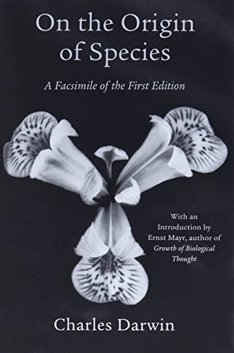 Book cover: "On the Origin of Species" by Charles Darwin, with floral image.