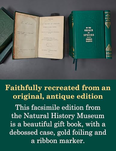 An open antique book next to a closed green hardcover edition of Darwin's book.