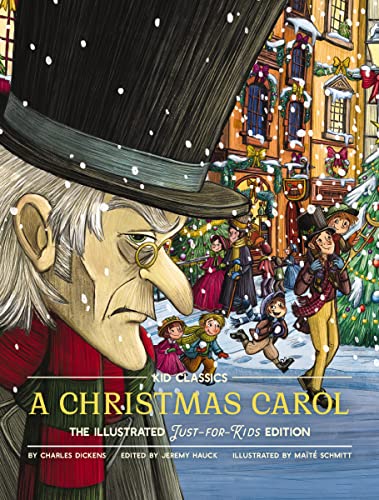 Illustrated cover of “A Christmas Carol” featuring Scrooge and children.