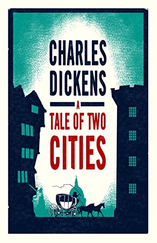 Book cover for "A Tale of Two Cities" with city silhouettes and a carriage.