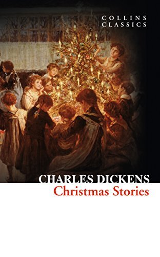 Book cover: "Christmas Stories" by Charles Dickens, painting of family near tree.