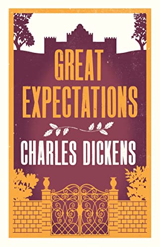 Book cover for Great Expectations by Charles Dickens featuring a gate and castle silhouette.